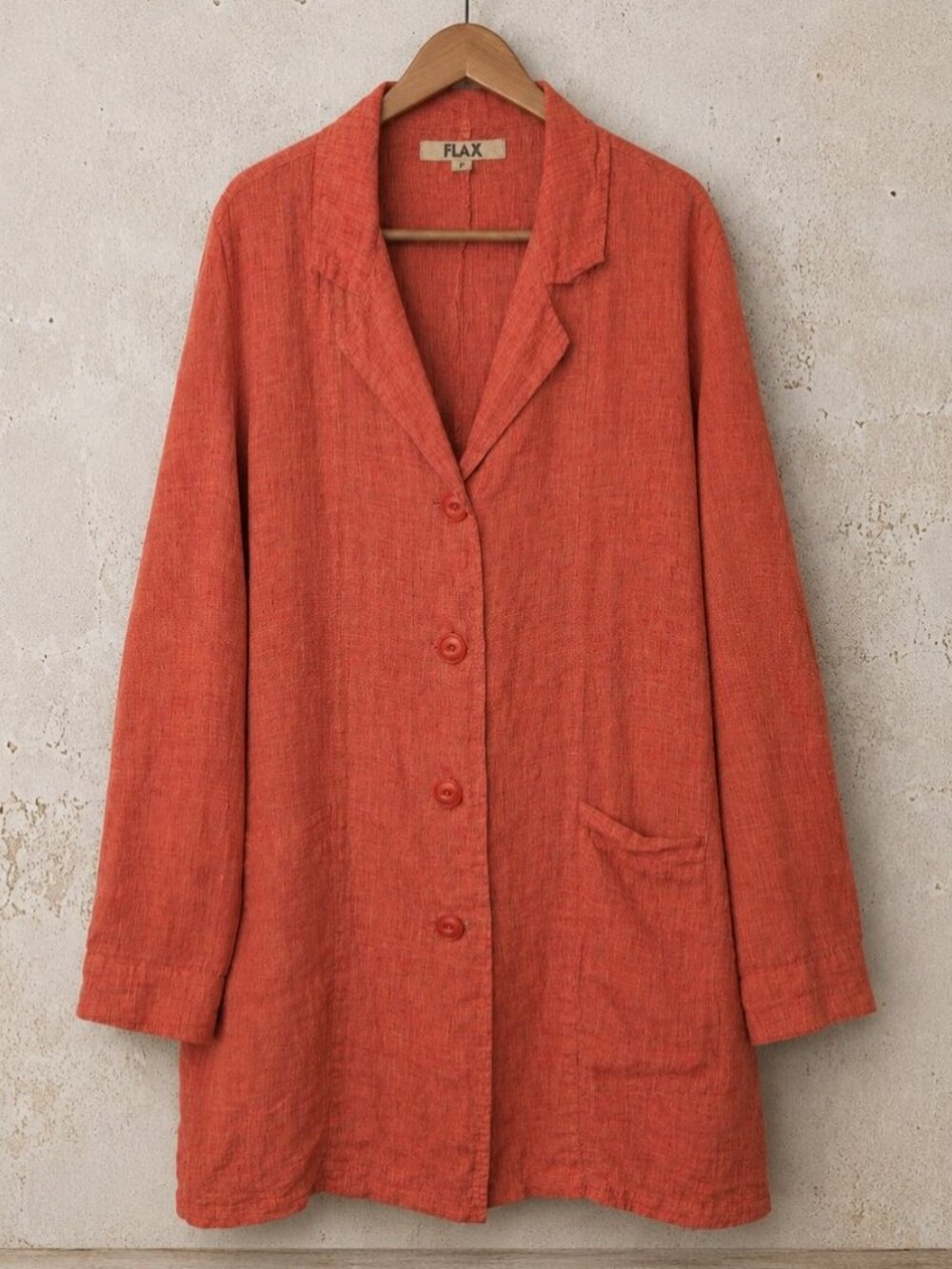 FLAX Size P S Petite Linen Duster Jacket Coat Rust Orange Pockets Topper Button